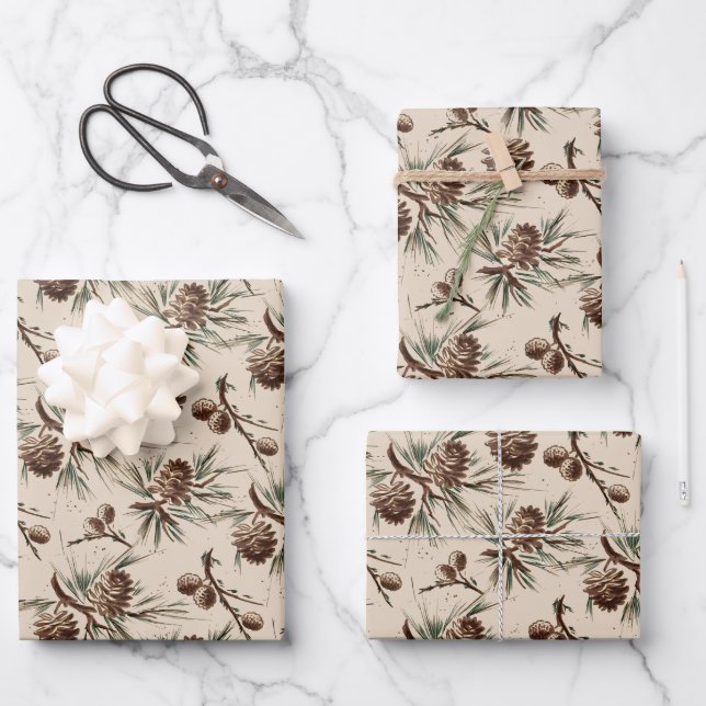 Feuille De Papier Cadeau Pinecones de Noël rétro Vintage (Recto)