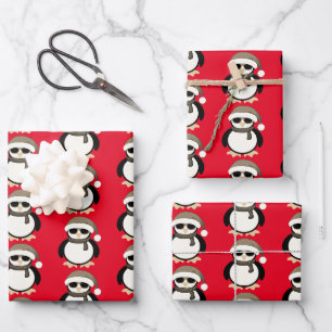 Feuille De Papier Cadeau Pingouin cool mignon Noël hiver motif rouge 