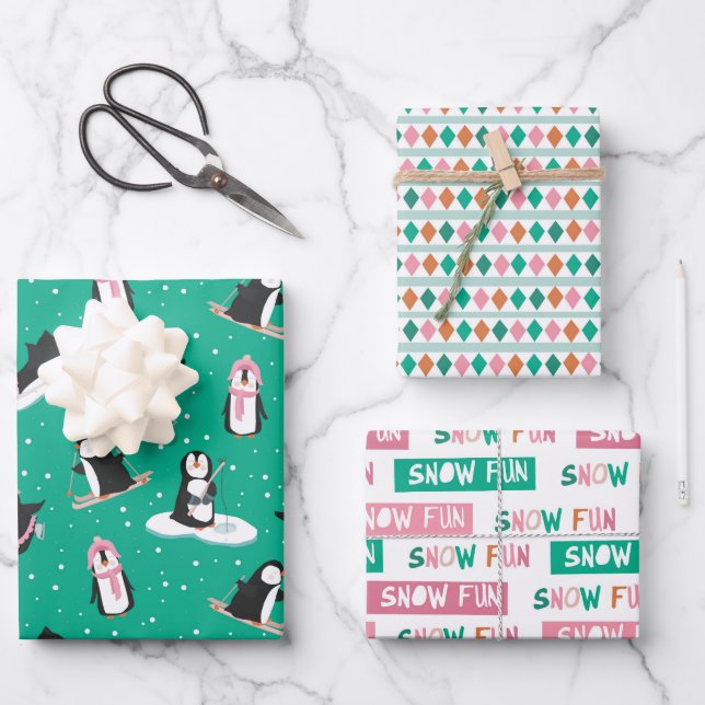 Feuille De Papier Cadeau Pingouin mignon hiver Plaisir rose et Turquoise (Recto)