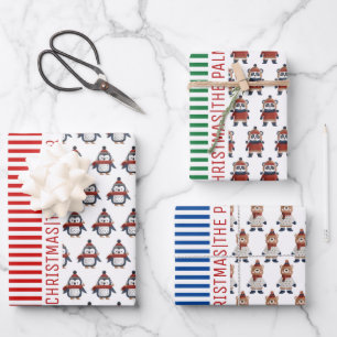 Feuille De Papier Cadeau Pingouin, panda, ours et rayures Joyeux Noël