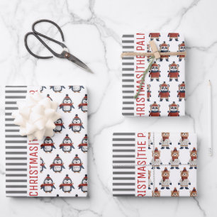 Feuille De Papier Cadeau Pingouin, panda, ours et rayures Joyeux Noël