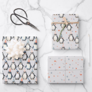Feuille De Papier Cadeau Pingouins de fête, aquarelle, anniversaire d'enfan