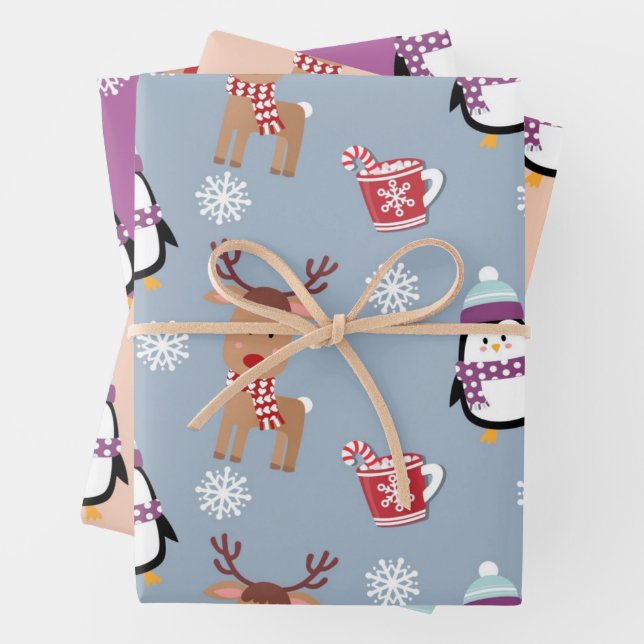 Feuille De Papier Cadeau Pingouins et rennes de Noël (En situation)