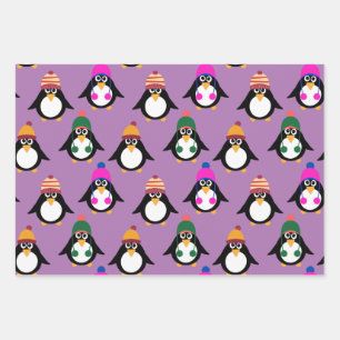 Feuille De Papier Cadeau Pingouins mignons aux casquettes d'hiver