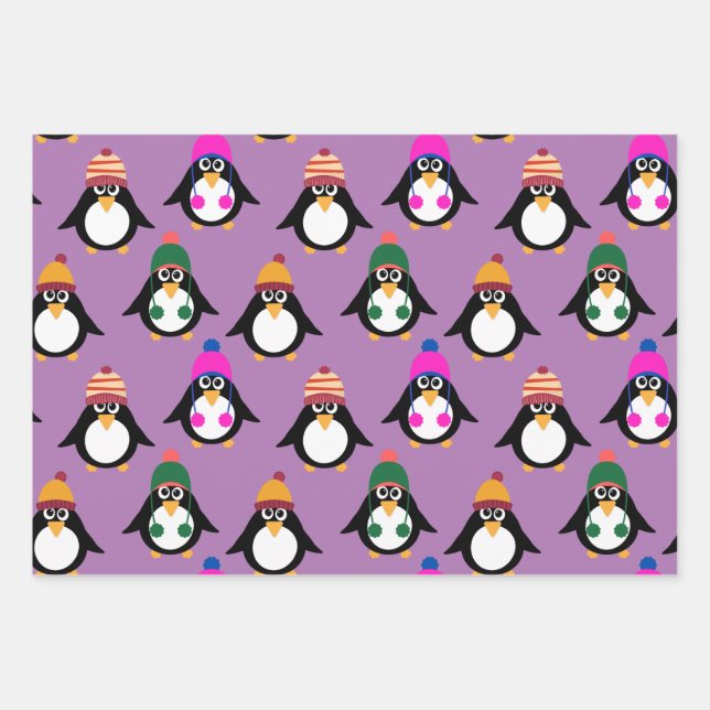Feuille De Papier Cadeau Pingouins mignons aux casquettes d'hiver (Devant)