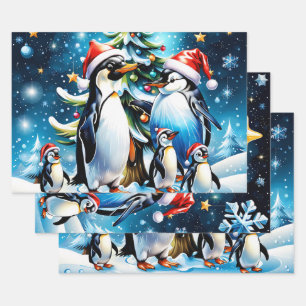 Feuille De Papier Cadeau Pingouins mignons dans un style de dessin animé ga