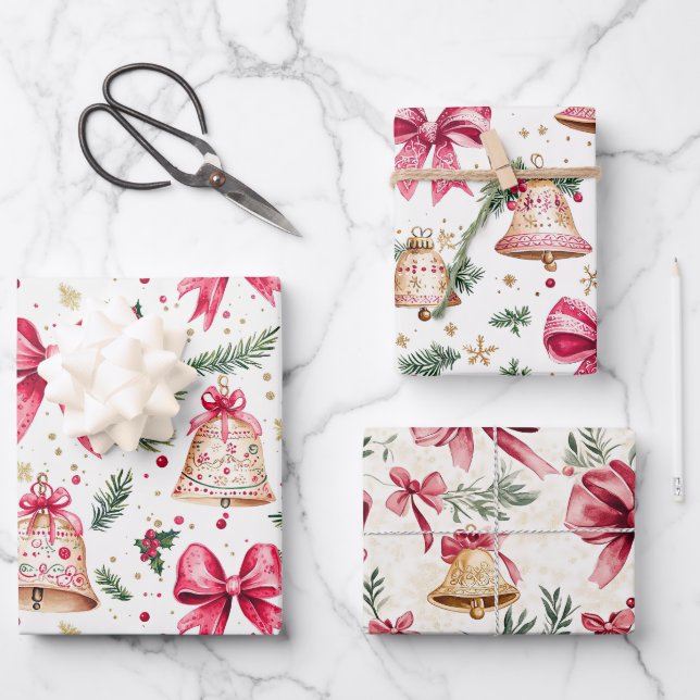 Feuille De Papier Cadeau Pink Bows Gold Bells Noël (Recto)