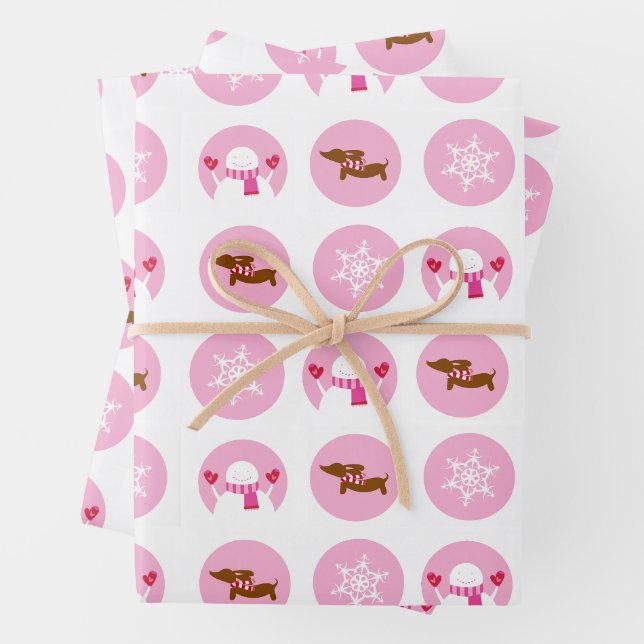 Feuille De Papier Cadeau Pink Dachshund Snowflake Snowman cadeau de Noël (En situation)