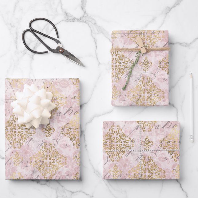 Feuille De Papier Cadeau Pink Gold Damask Ephemera Digital Collage (Recto)