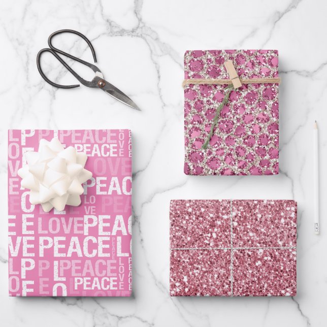 Feuille De Papier Cadeau Pink Peace Love Parties scintillant léopard (Recto)