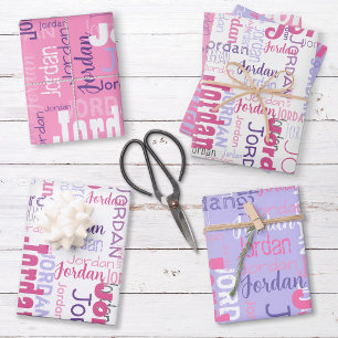 Feuille De Papier Cadeau Pink Purple Nom répété Personnalisé