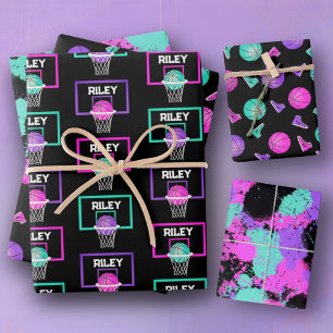Feuille De Papier Cadeau Pink Purple Turquoise Basketball Paint Splatt Nom
