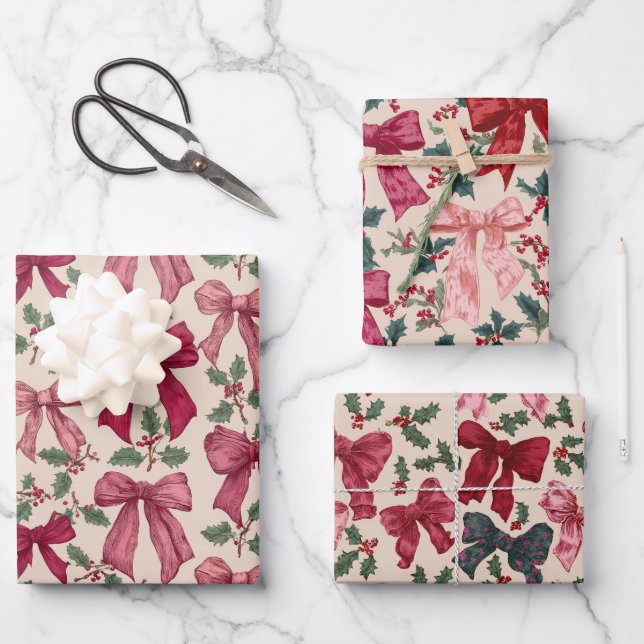 Feuille De Papier Cadeau Pink Red Vintage Bows Noël (Recto)