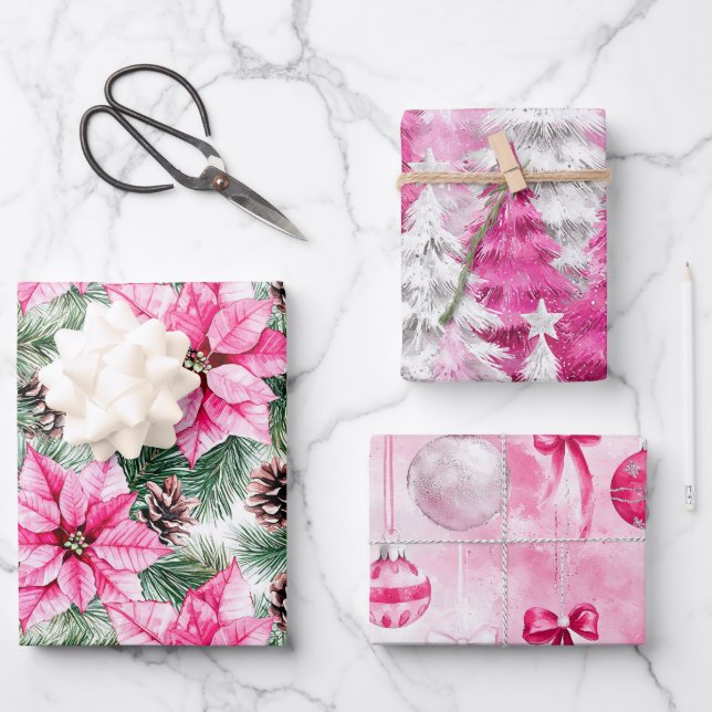 Feuille De Papier Cadeau Pink Silver Glam Christmas Trees Flowers Ornaments (Recto)