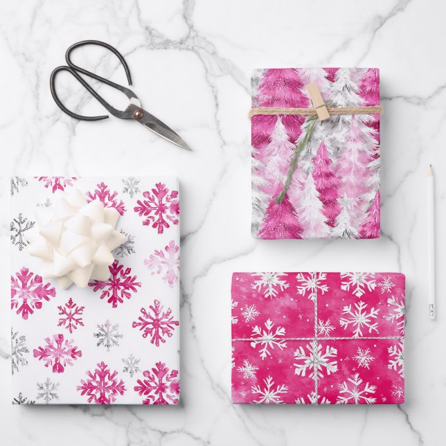 Feuille De Papier Cadeau Pink Silver Glam Snowflakes Christmas Trees (Recto)