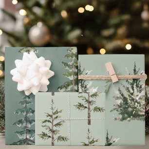 Feuille De Papier Cadeau Pins à l'aquarelle sur sauge Vacances scandinave