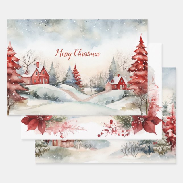 Feuille De Papier Cadeau Pins verts rouges Bois de Noël (Lot)