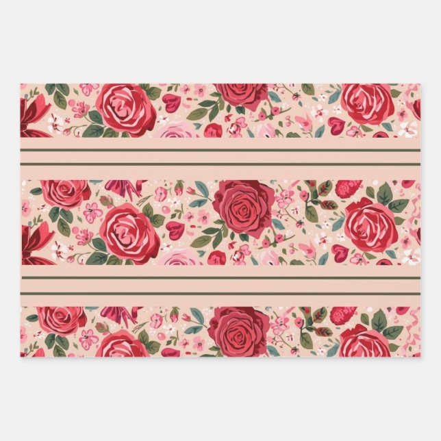 Feuille De Papier Cadeau Pinstripe Pink Roses (Devant)
