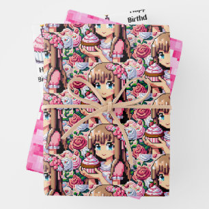 Feuille De Papier Cadeau Pixel Art Girl's Pink Birthday Party