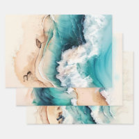 Plage de sable bleu océan vagues aquarelle chic