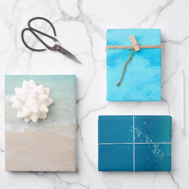 Feuille De Papier Cadeau Plage d'eau de mer Bleue (Recto)