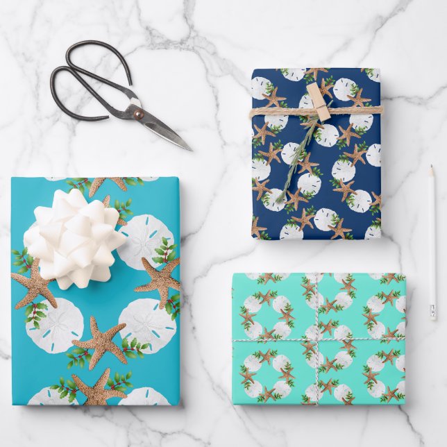 Feuille De Papier Cadeau Plage Wreath Sea Stars Sable Dollars Bleu (Recto)
