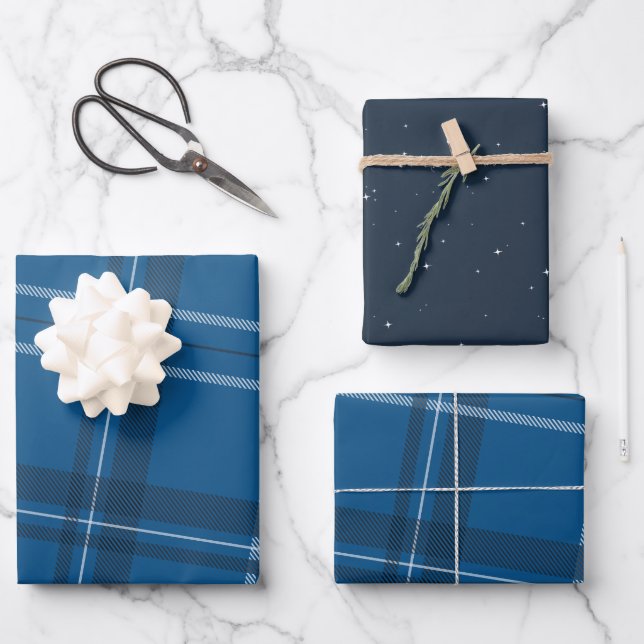 Feuille De Papier Cadeau Plaid bleu et étoiles classique (Recto)