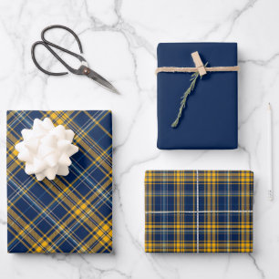 Feuille De Papier Cadeau Plaid bleu et or