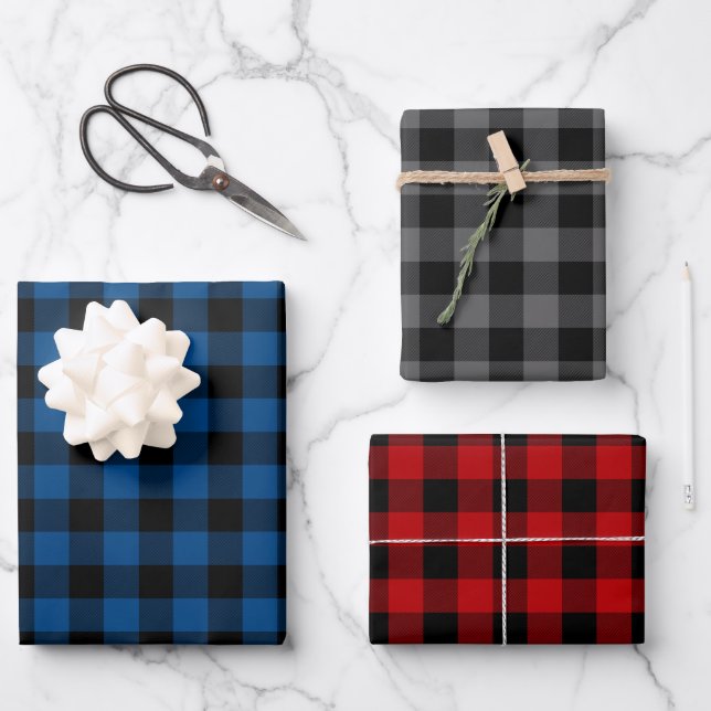 Feuille De Papier Cadeau Plaid bleu gris et rouge buffle (Recto)