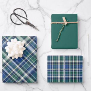 Feuille De Papier Cadeau Plaid bleu, vert et blanc