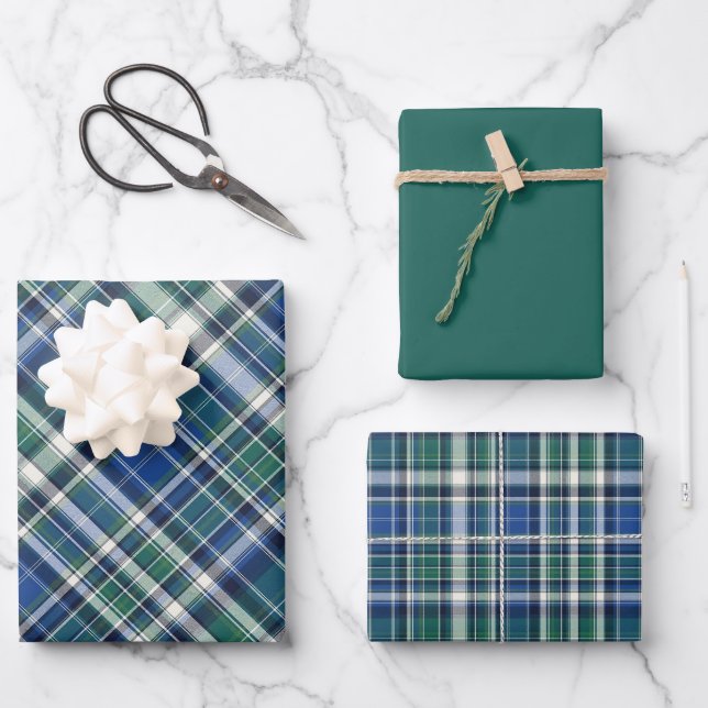 Feuille De Papier Cadeau Plaid bleu, vert et blanc (Recto)