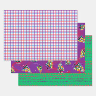 Feuille De Papier Cadeau Plaid, Christmas Trees, & Green Dash, 3-Pack Matte