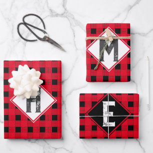 Feuille De Papier Cadeau Plaid de buffle rouge et noir Monogramme initial