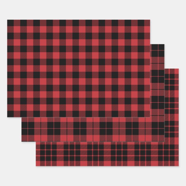 Feuille De Papier Cadeau Plaid de buffle rouge foncé et noir (Lot)