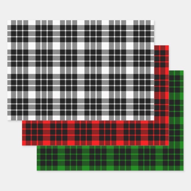 Feuille De Papier Cadeau Plaid noir et blanc, rouge et vert (Lot)
