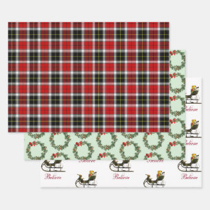 Feuille De Papier Cadeau Plaid + Wreath Botanique Vintage Sleigh Noël
