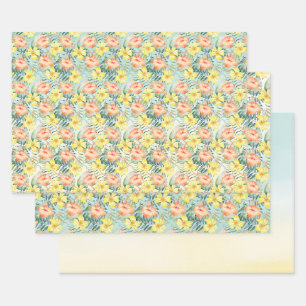 Feuille De Papier Cadeau Plaie Tropicale Yellow Hibiscus Fleurs Mint Ombre