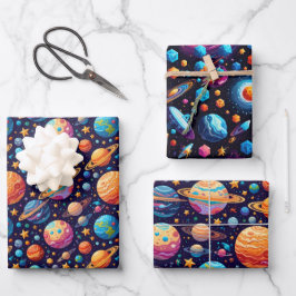 Feuille De Papier Cadeau Planètes célestes et étoiles