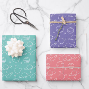 Feuille De Papier Cadeau Planètes spatiales Turquoise Rose Violet Blanc