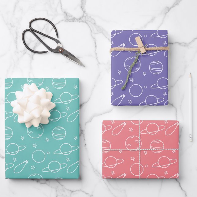 Feuille De Papier Cadeau Planètes spatiales Turquoise Rose Violet Blanc (Recto)
