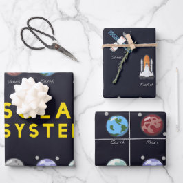 Feuille De Papier Cadeau Planètes Système Solaire Astronaut Graphisme 3 piè