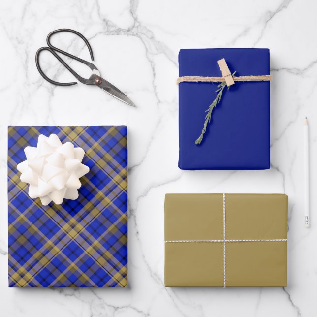 Feuille De Papier Cadeau Plaque de tartan bleu et jaune.  (Recto)
