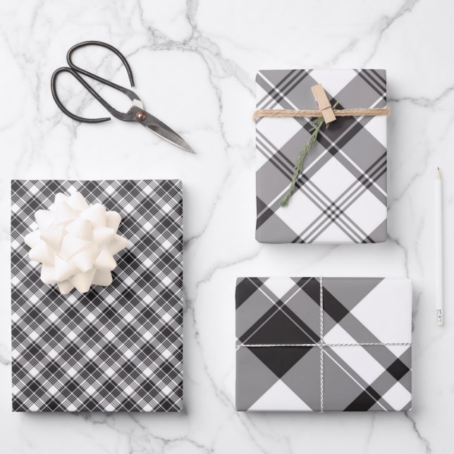 Feuille De Papier Cadeau Plat noir blanc et gris (Recto)