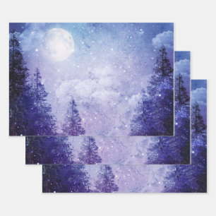 Feuille De Papier Cadeau Pleine lune Forêt violette d'hiver