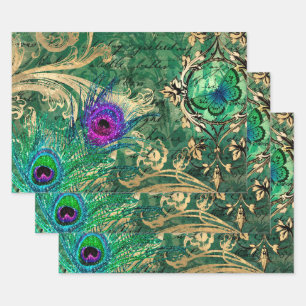 Feuille De Papier Cadeau Plumes de paon et papillon