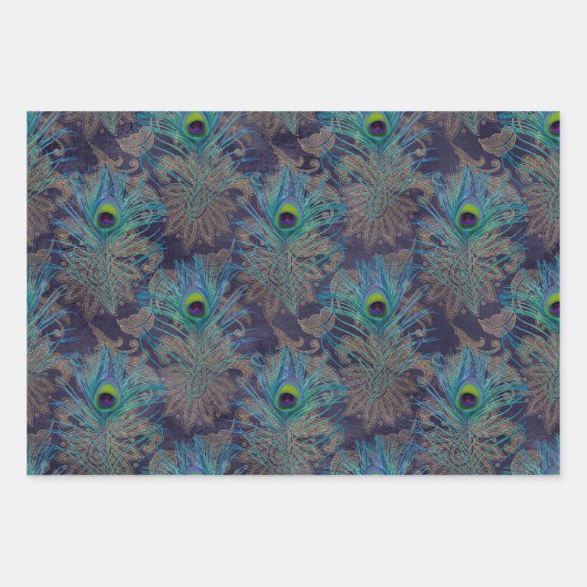 Feuille De Papier Cadeau Plumes de paon sur le violet (Devant)