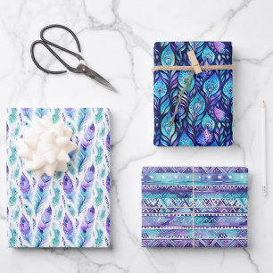 Feuille De Papier Cadeau Plumes de paon violet turquoise