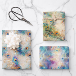 Feuille De Papier Cadeau Plumes Peacock Or Aqua Blanc