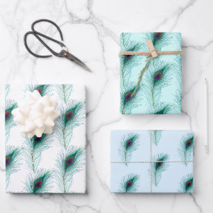 Feuille De Papier Cadeau Plumes Peacock Turquoise, Bleue et Violette