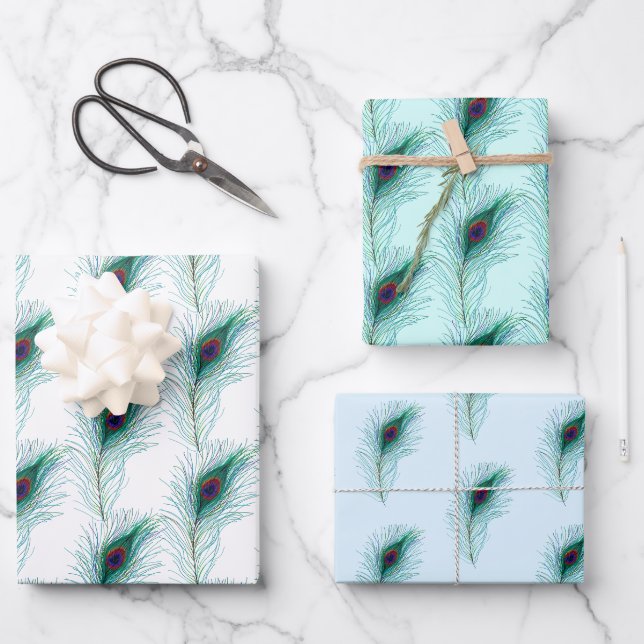 Feuille De Papier Cadeau Plumes Peacock Turquoise, Bleue et Violette (Recto)